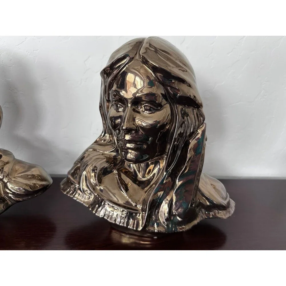 Vintage Native American Bust Statues Bronze Gold Ceramic 11